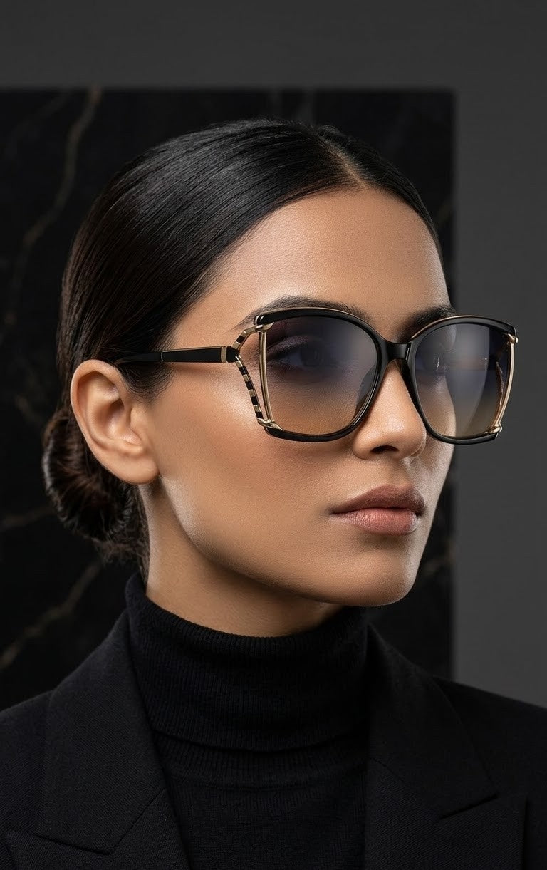 EVORA Eclipse Luxe oversized square black sunglasses for women - detail view