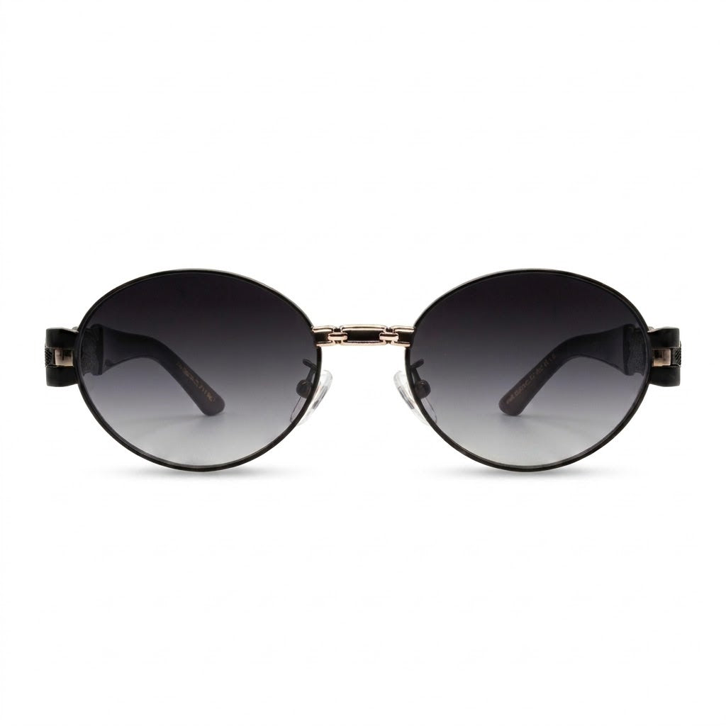 EVORA Luxe Chain Oval Sunglasses for Men & Women | Black & Gold Metal Frame | Smoke Gradient UV400 Lens