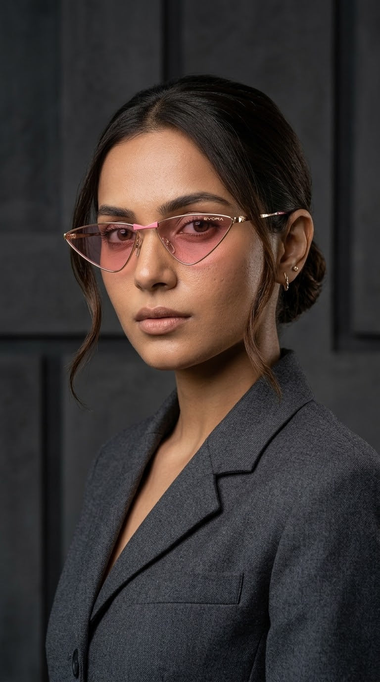 EVORA Blush Luxe Premium Metal Cat-Eye Sunglasses – Gold Frame with Blush Pink Lenses | UV400 Protection