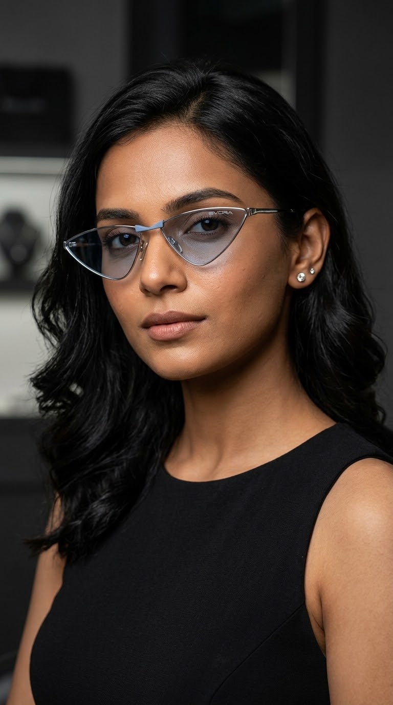 EVORA Azureé Premium Metal Cat-Eye Sunglasses – Silver Frame with Ice Blue Lenses | UV400 Protection