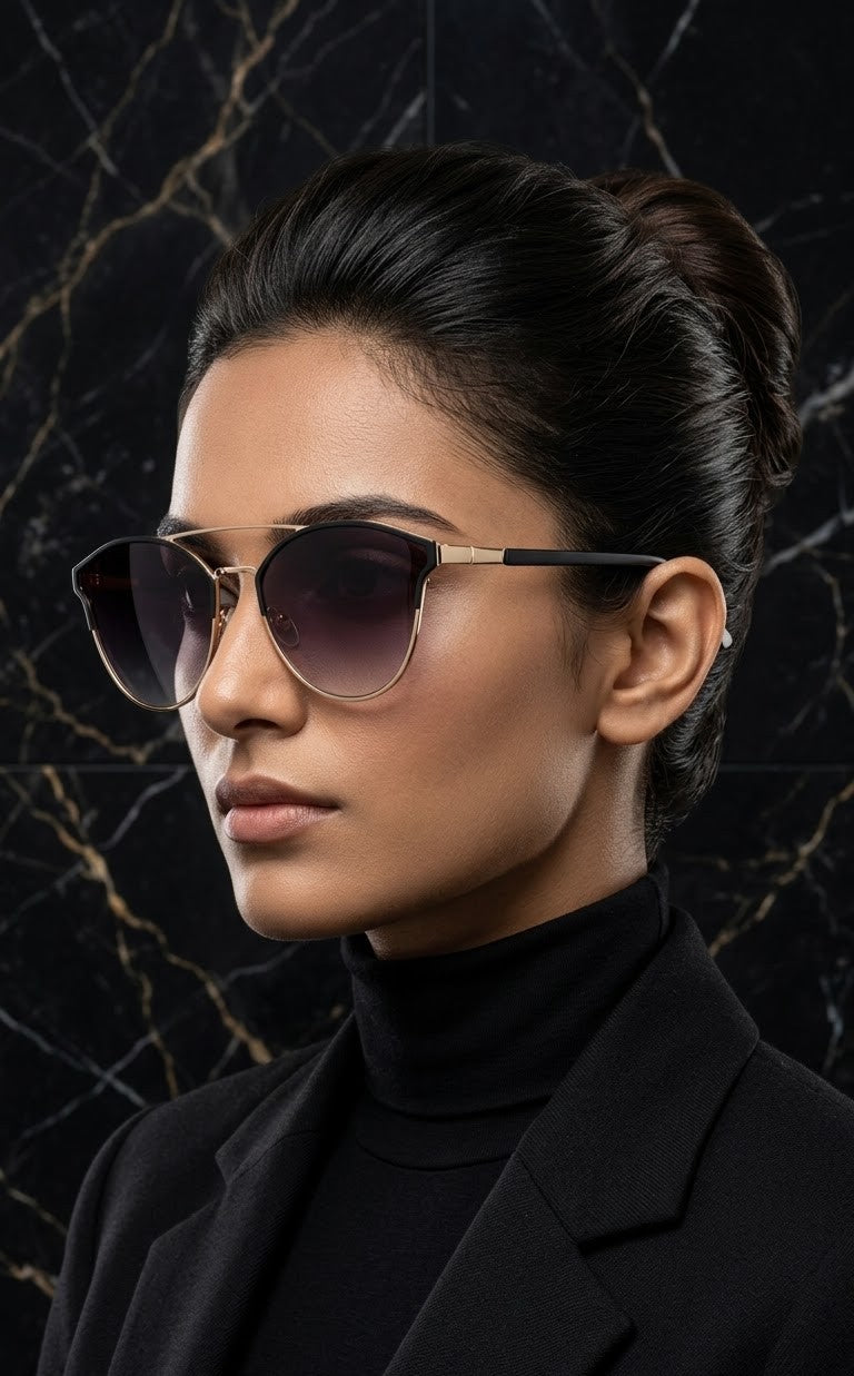 EVORA Celeste Aura – Premium Butterfly Black & Gold Sunglasses for Women