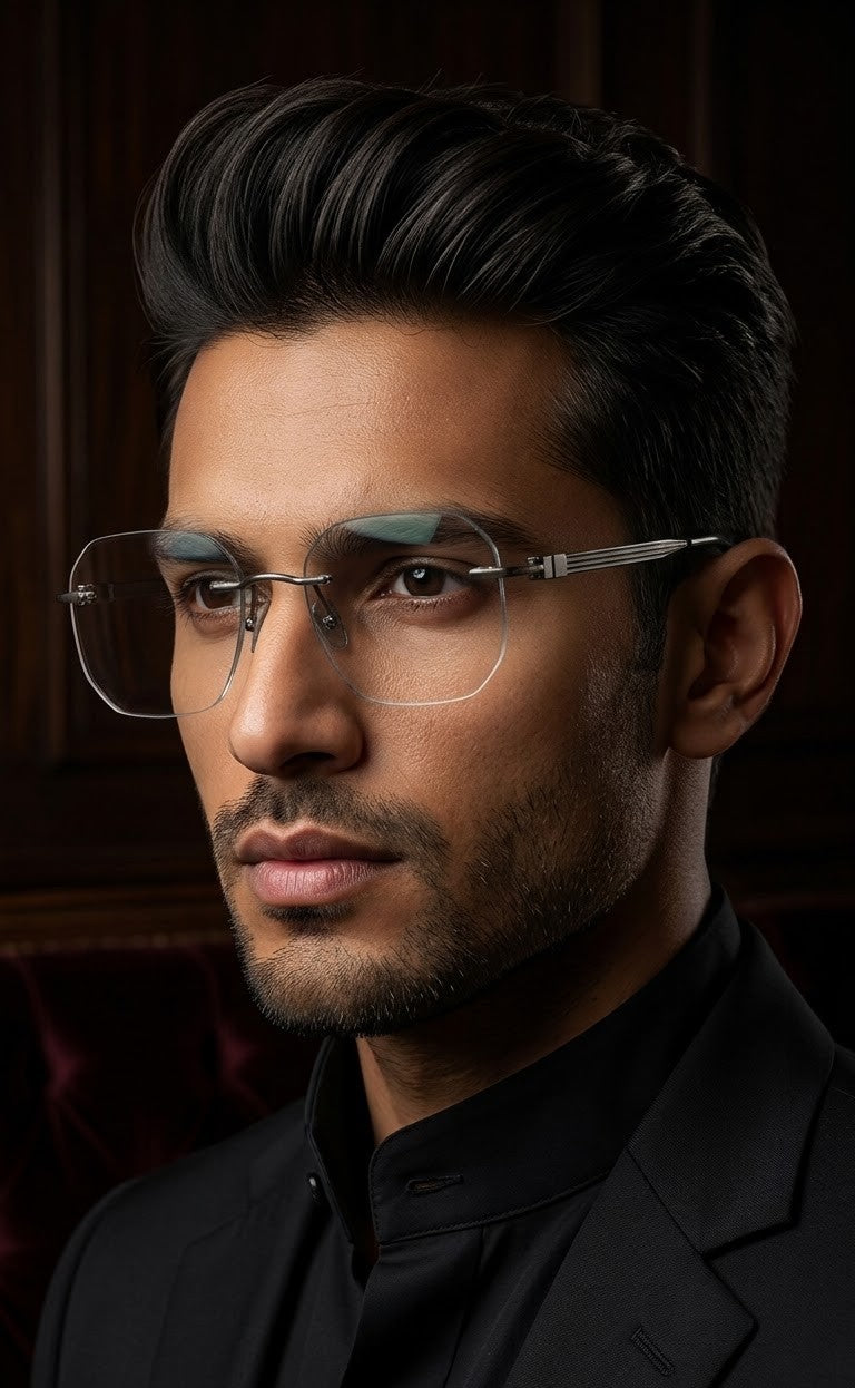 EVORA Elite Executive Rimless Square Eyeglass Frame – Premium Lightweight Metal | Gun Metal