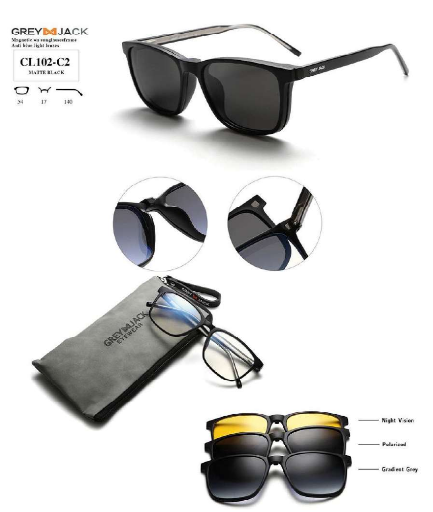 Grey Jack Clip On CL102-C2 | Matte Black + Hydrophobic Lens