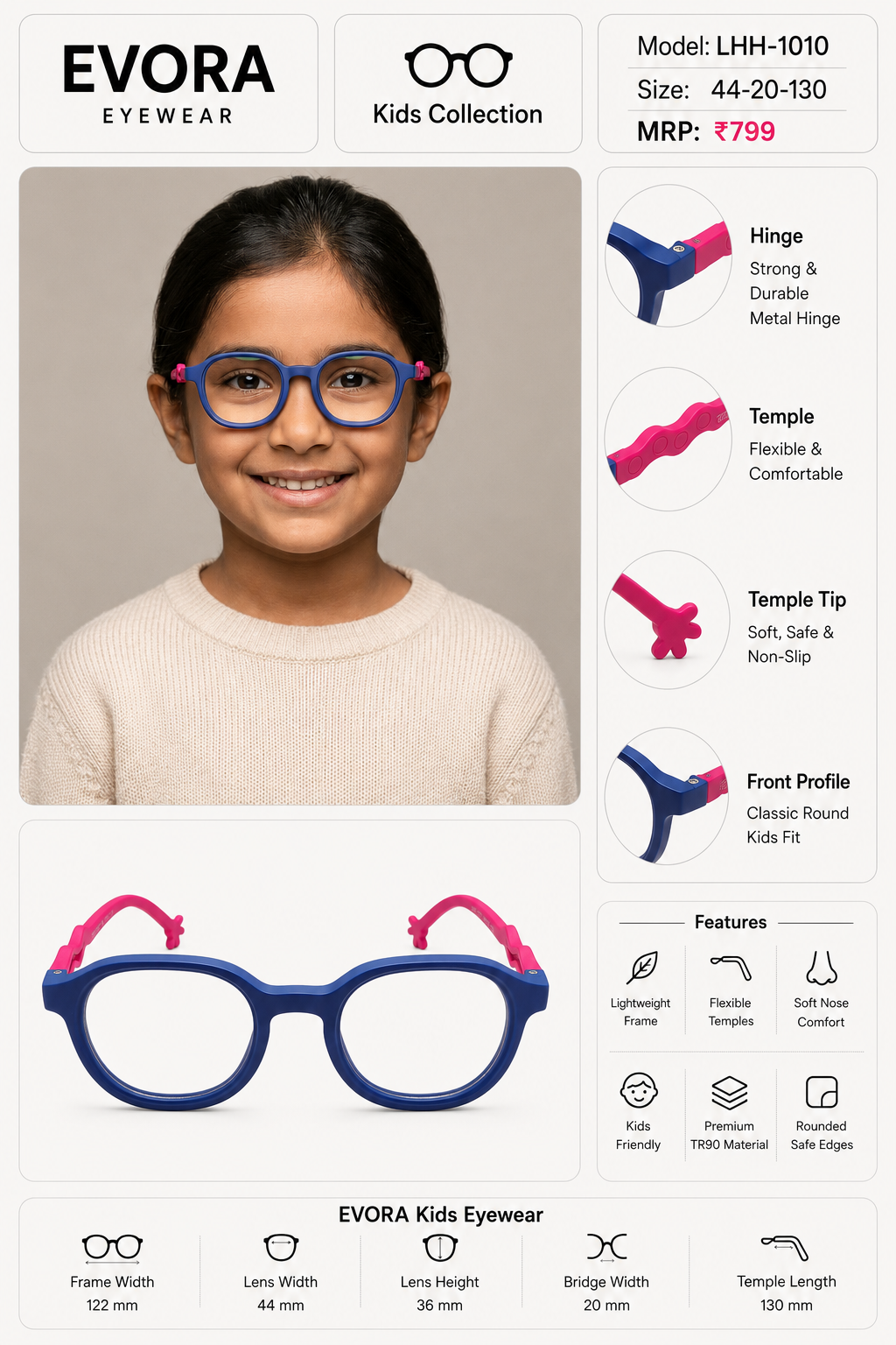 EVORA Kids Flex TR90 Eyeglasses – Blue & Pink | Model LHH-1010