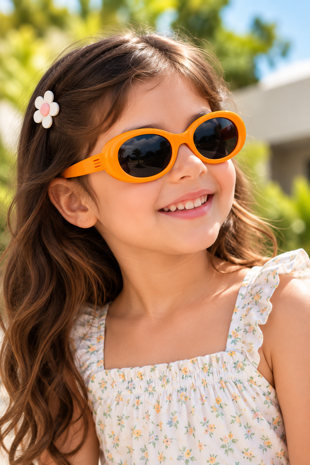 A young girl with long brown hair wearing bright orange sunglasses with dark lenses and a white floral top, photographed outdoors with a blurred green background.