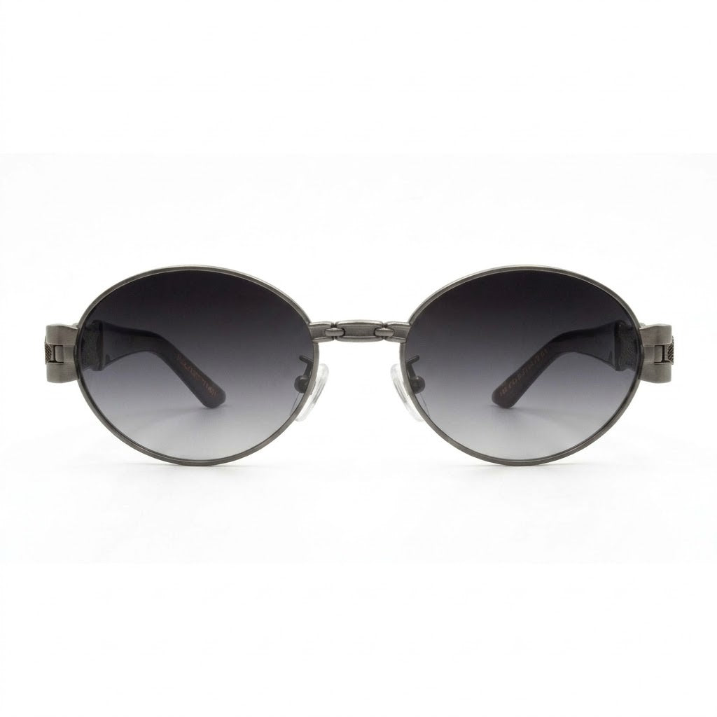 EVORA Luxe Chain Oval Sunglasses for Men & Women | Gunmetal Metal Frame | Smoke Gradient UV400 Lens