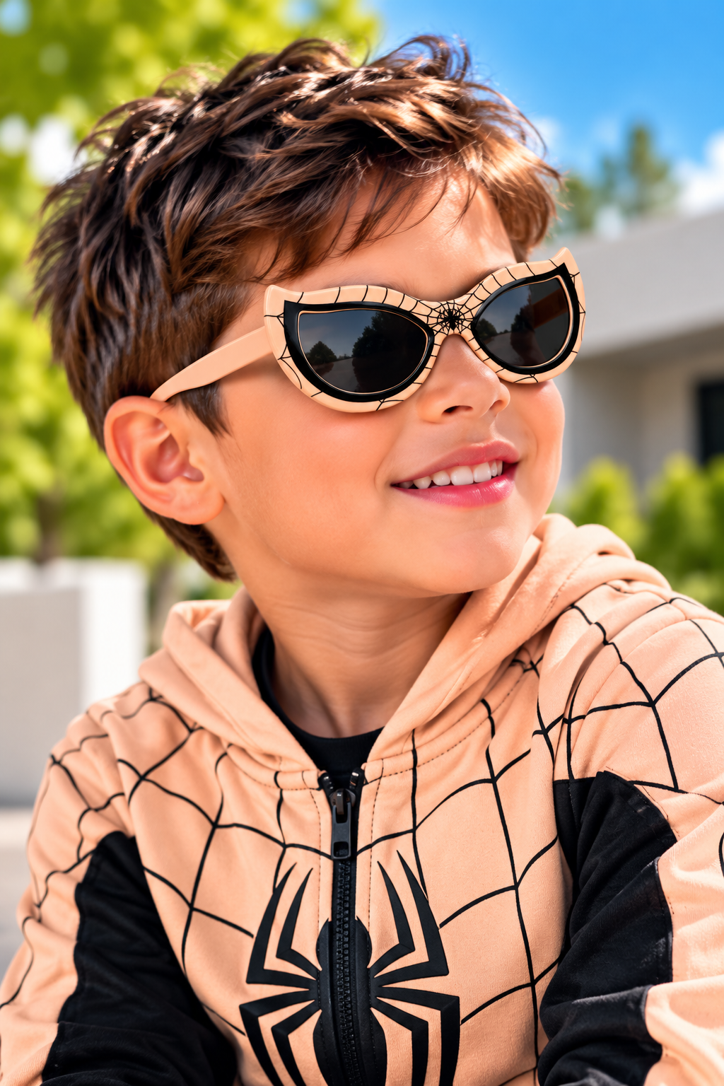 A young boy wearing a beige and black Spider-Man themed zip-up hoodie and stylish cat-eye sunglasses with a gold patterned frame, set against a bright, sunny outdoor background.