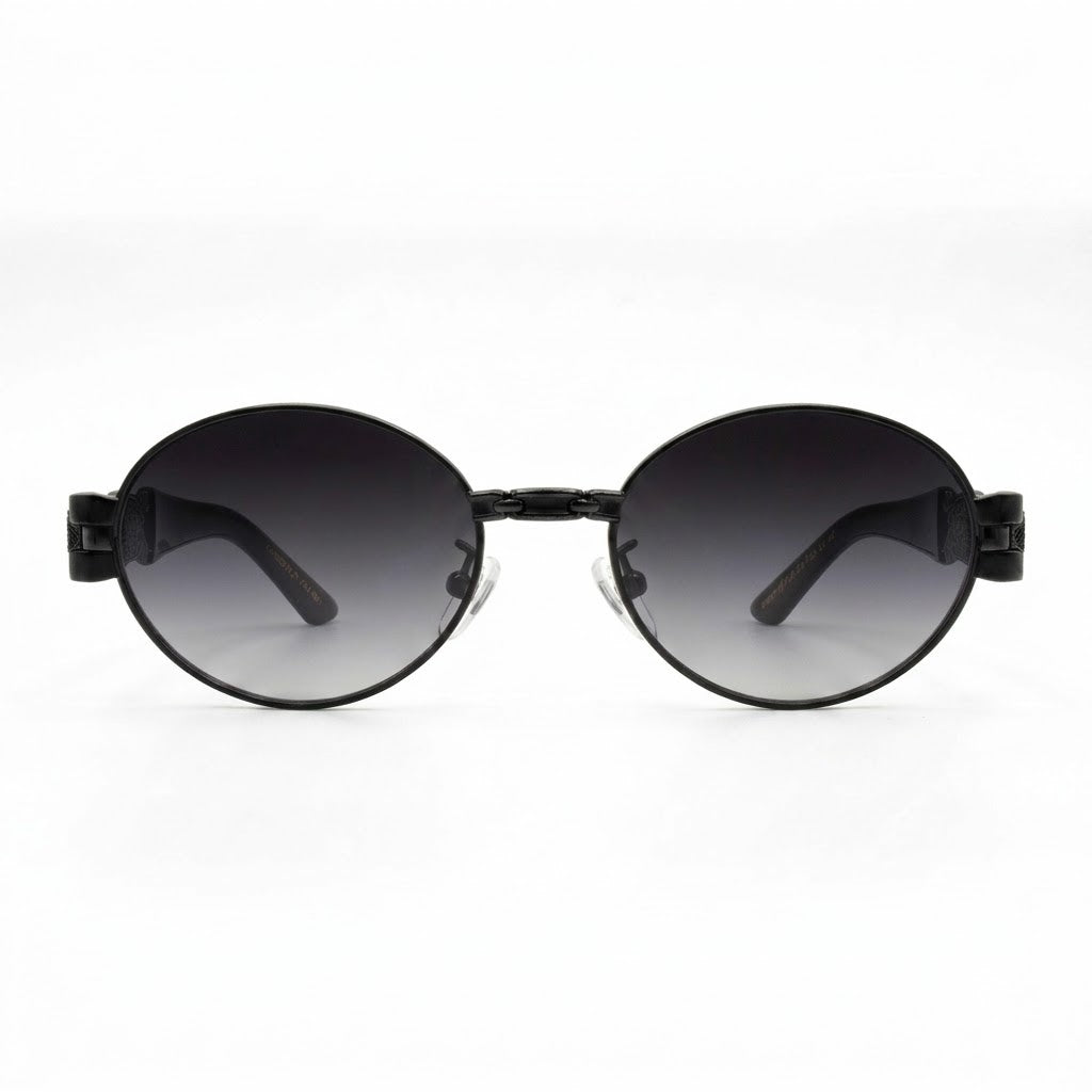 EVORA Luxe Chain Oval Sunglasses for Men & Women | Matte Black Metal Frame | UV400 Smoke Gradient Lens