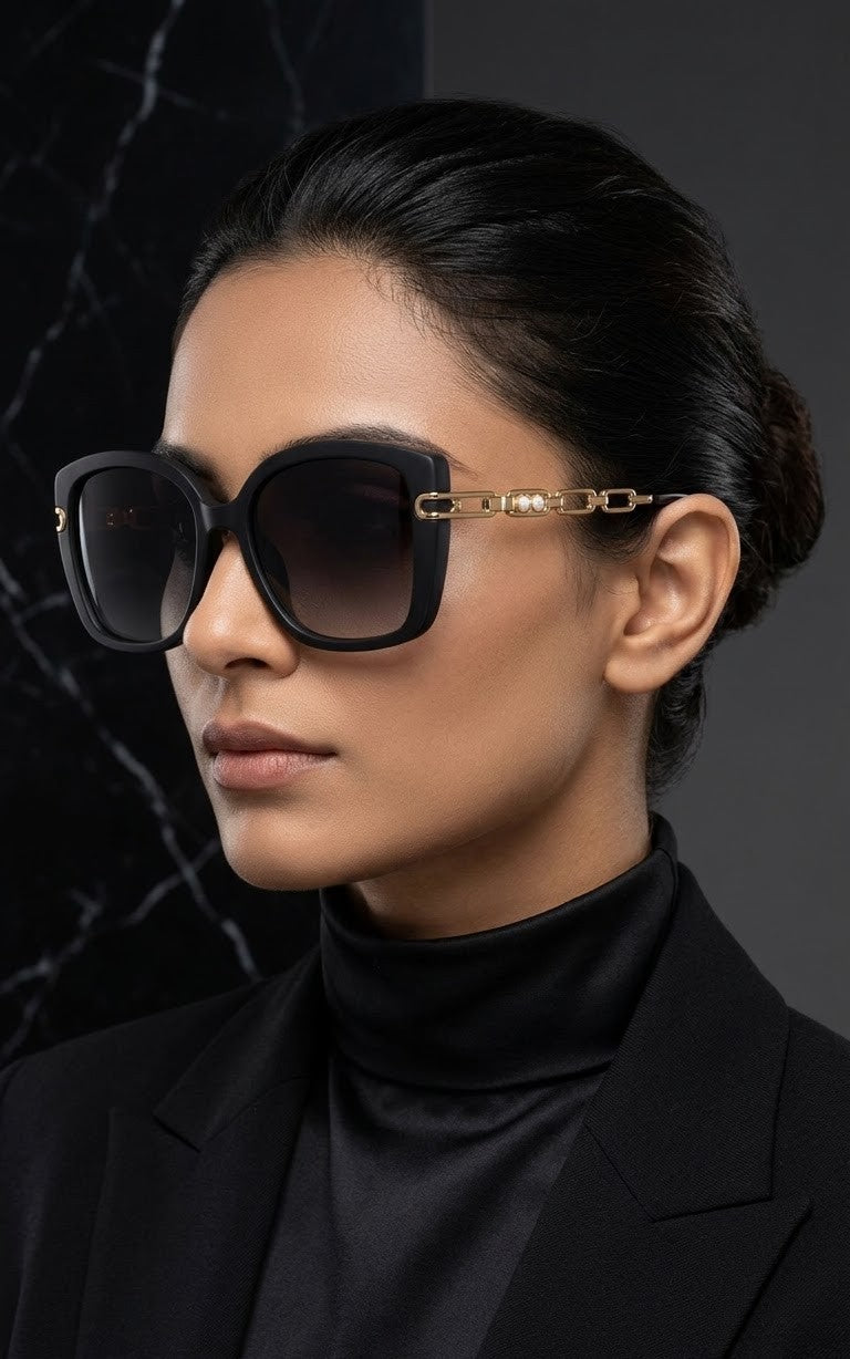 EVORA Obsidian Royale oversized matte black sunglasses for women - detail view