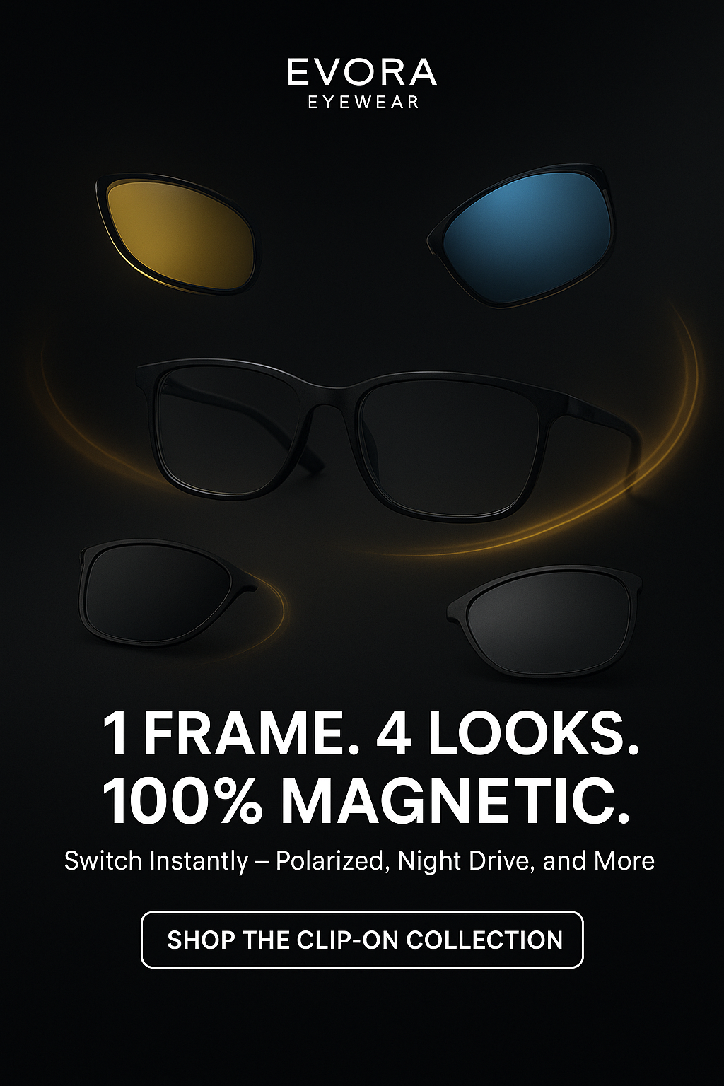 EVORA Clip-On Eyewear Frames – Magnetic Style & Comfort Collection featuring polarized, blue-cut, and night vision clips