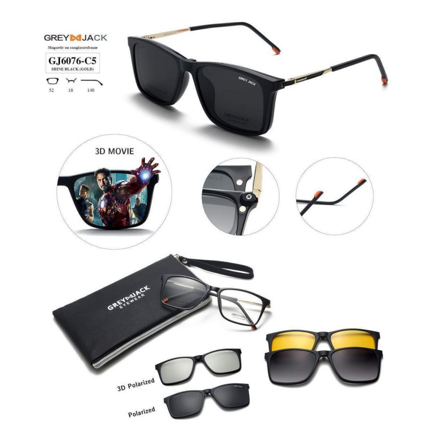 Grey Jack Clip-On Eyewear – 2-in-1 Magnetic Sunglasses | Polarized Lenses | TR90 Frame | GJ6076-C5 | Shine Black(Gold)