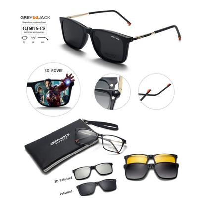 Grey Jack Clip-On Eyewear – 2-in-1 Magnetic Sunglasses | Polarized Lenses | TR90 Frame | GJ6076-C5 | Shine Black(Gold)