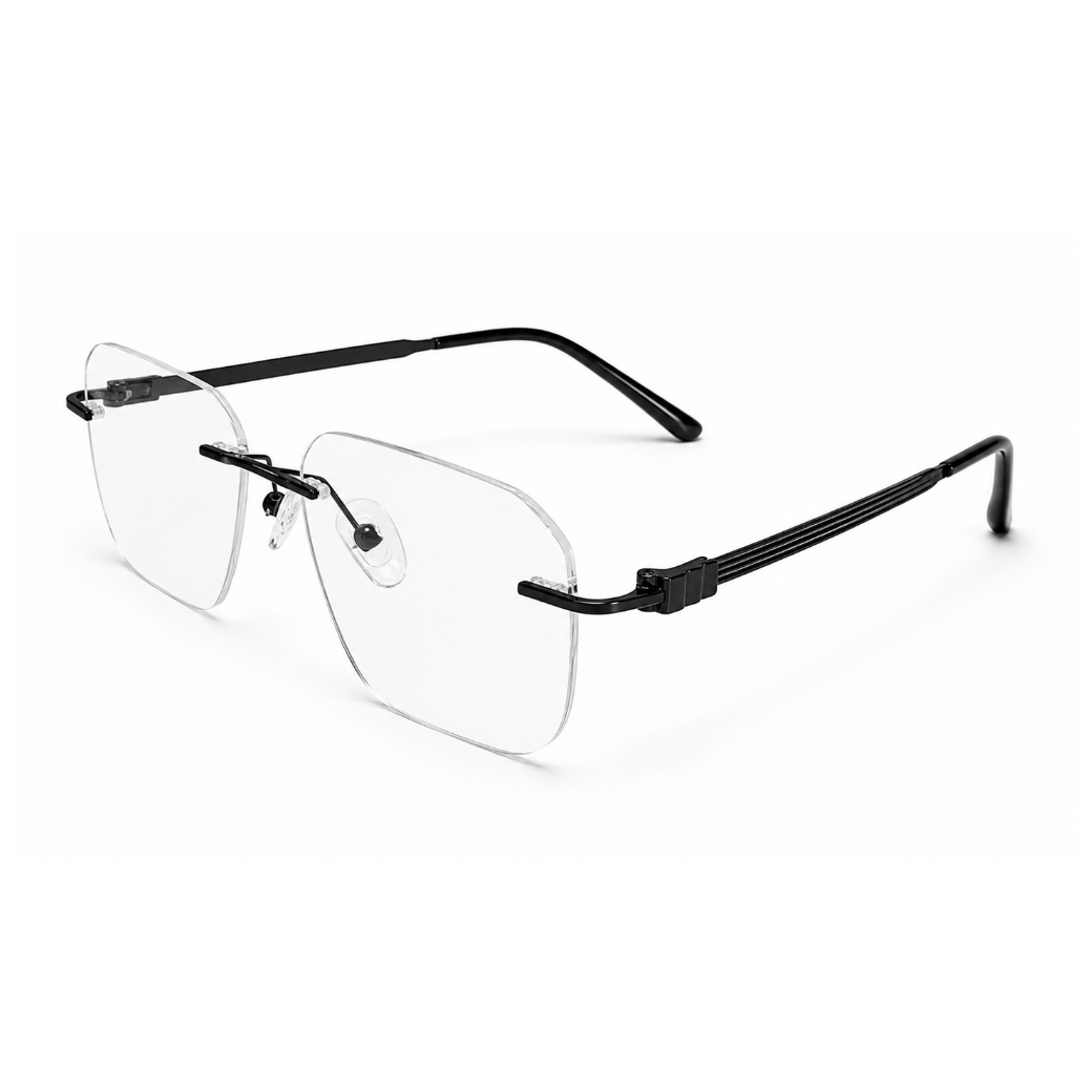 EVORA Elite Executive Rimless Square Eyeglass Frame – Premium Lightweight Metal | Black