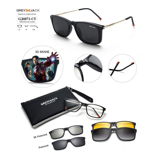 Grey Jack Clip-On Eyewear – 2-in-1 Magnetic Sunglasses | Polarized Lenses | TR90 Frame | GJ6071-C5 | Shine Black/Gold