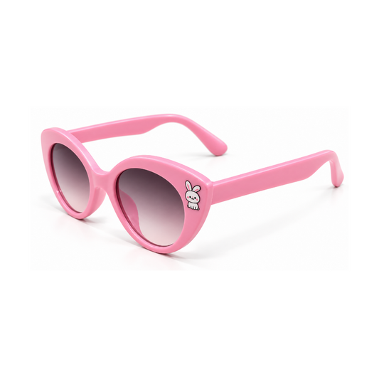 Pink cat-eye sunglasses with a small cartoon bunny graphic on the temple, shown on a clean white background.