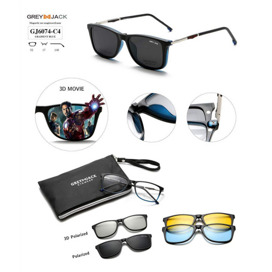Grey Jack Clip-On Eyewear – 2-in-1 Magnetic Sunglasses | Polarized Lenses | TR90 Frame | GJ6074-C4 | Gradient Blue