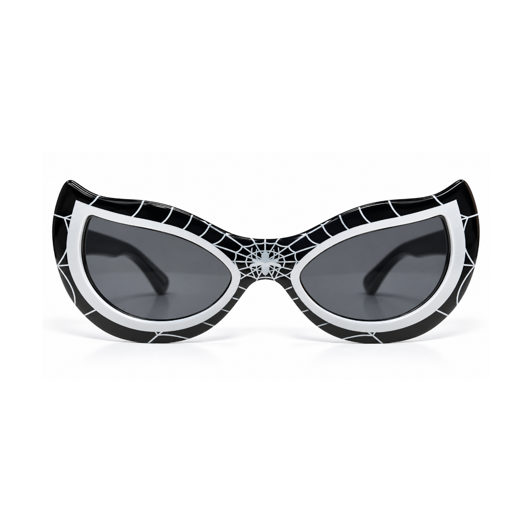 Black and white cat-eye sunglasses with a spiderweb pattern and dark gray lenses, shown on a clean white background.