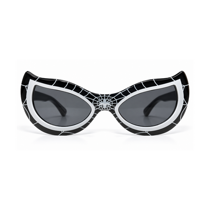 Black and white cat-eye sunglasses with a spiderweb pattern and dark gray lenses, shown on a clean white background.
