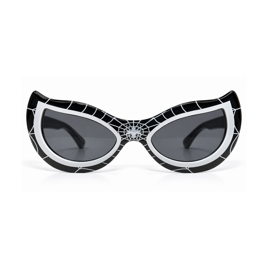 Black and white cat-eye sunglasses with a spiderweb pattern and dark gray lenses, shown on a clean white background.