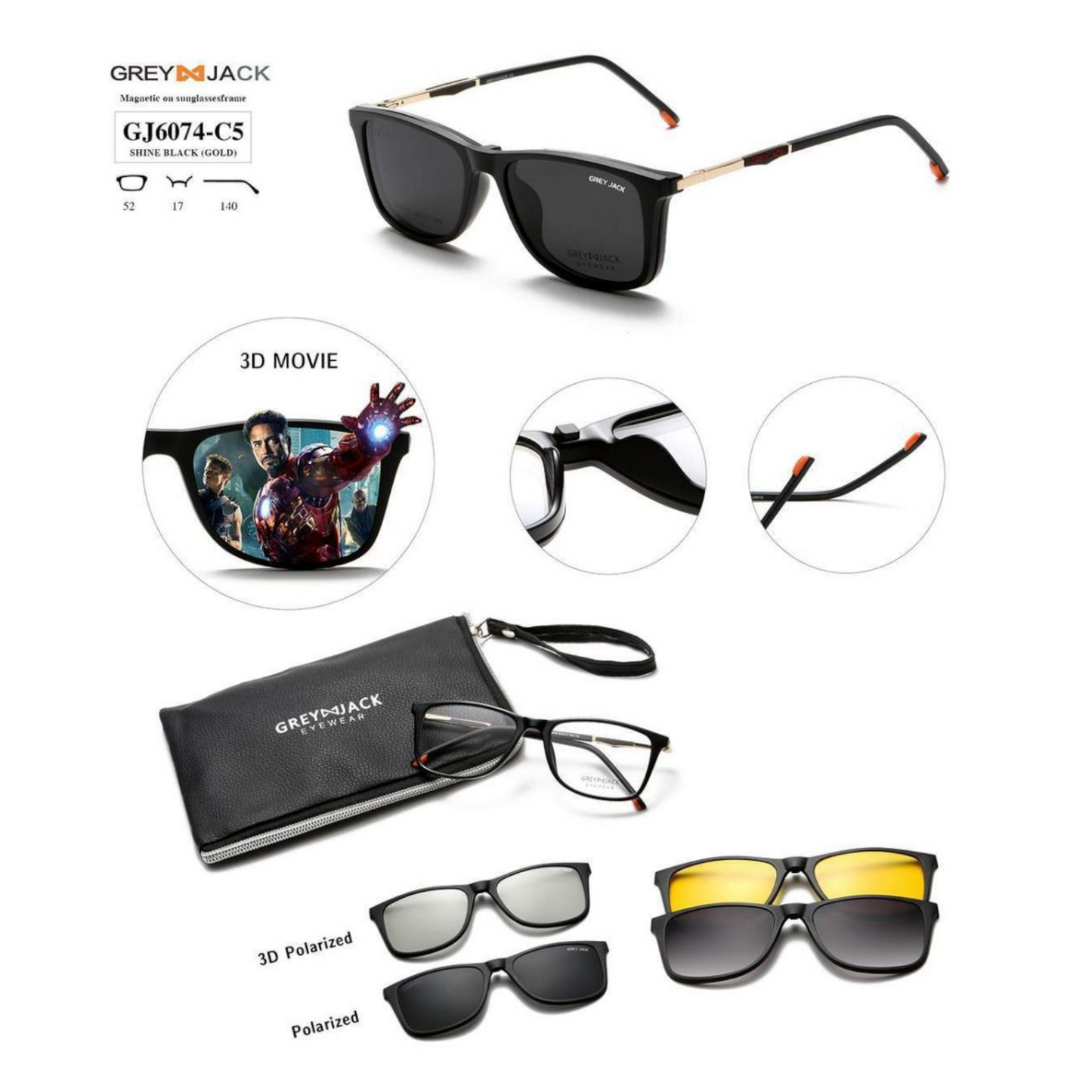 Grey Jack Clip-On Eyewear – 2-in-1 Magnetic Sunglasses | Polarized Lenses | TR90 Frame | GJ6074-C5 | Shine Black/Gold
