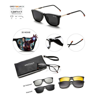 Grey Jack Clip-On Eyewear – 2-in-1 Magnetic Sunglasses | Polarized Lenses | TR90 Frame | GJ6074-C5 | Shine Black/Gold