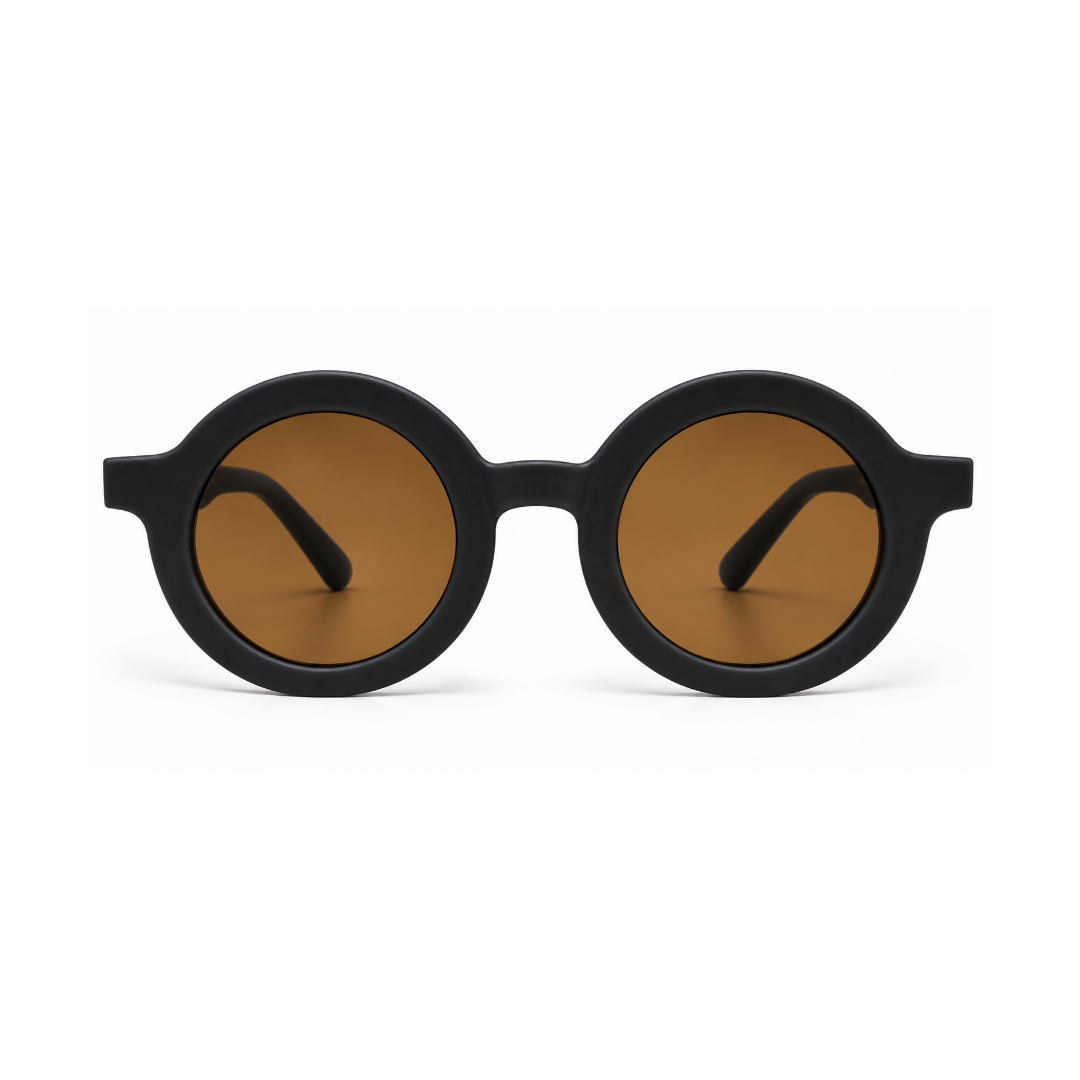 Round black sunglasses with brown tinted lenses, shown from the front on a clean white background.
