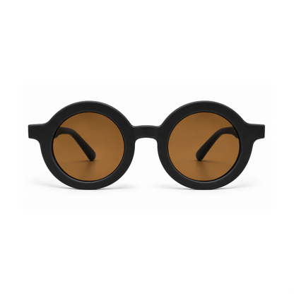 Round black sunglasses with brown tinted lenses, shown from the front on a clean white background.