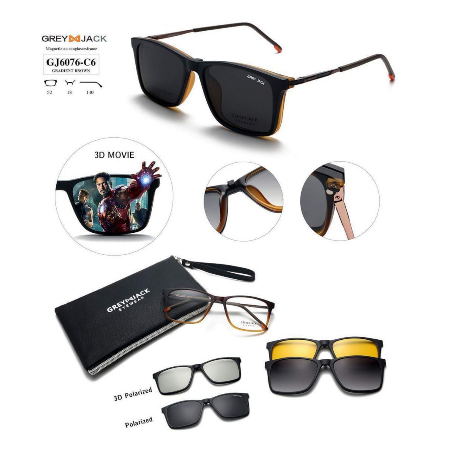 Grey Jack Clip-On Eyewear – 2-in-1 Magnetic Sunglasses | Polarized Lenses | TR90 Frame | GJ6076-C6 | Gradient Brown