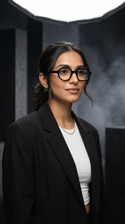EVORA Asymmetry Premium Acetate Eyeglasses – Glossy Black | Round & Square Frame | Unisex