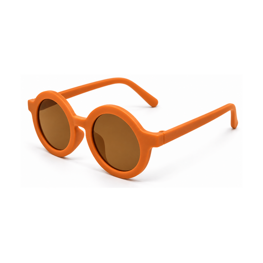 Round sunglasses with a thick orange frame and brown lenses, shown on a clean white background.
