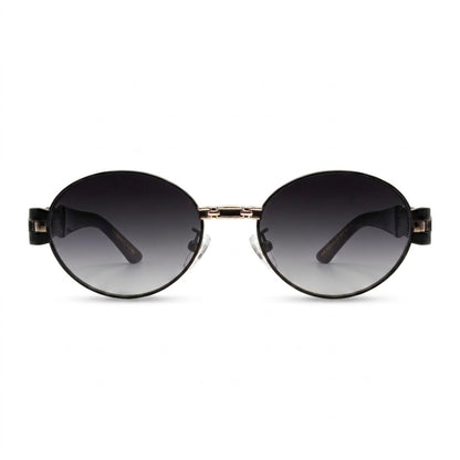 EVORA Luxe Chain Oval Sunglasses for Men & Women | Black & Gold Metal Frame | Smoke Gradient UV400 Lens