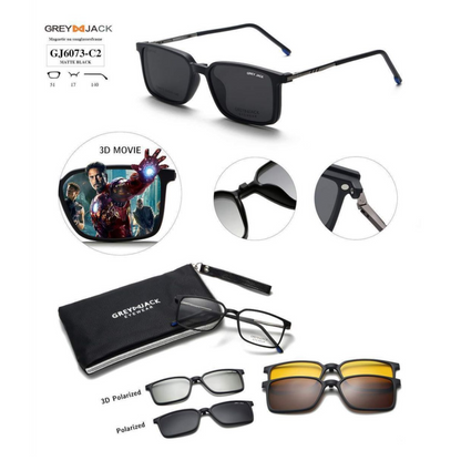 Grey Jack Clip-On Eyewear – 2-in-1 Magnetic Sunglasses | Polarized Lenses | TR90 Frame | GJ6073-C2 | Matte Black