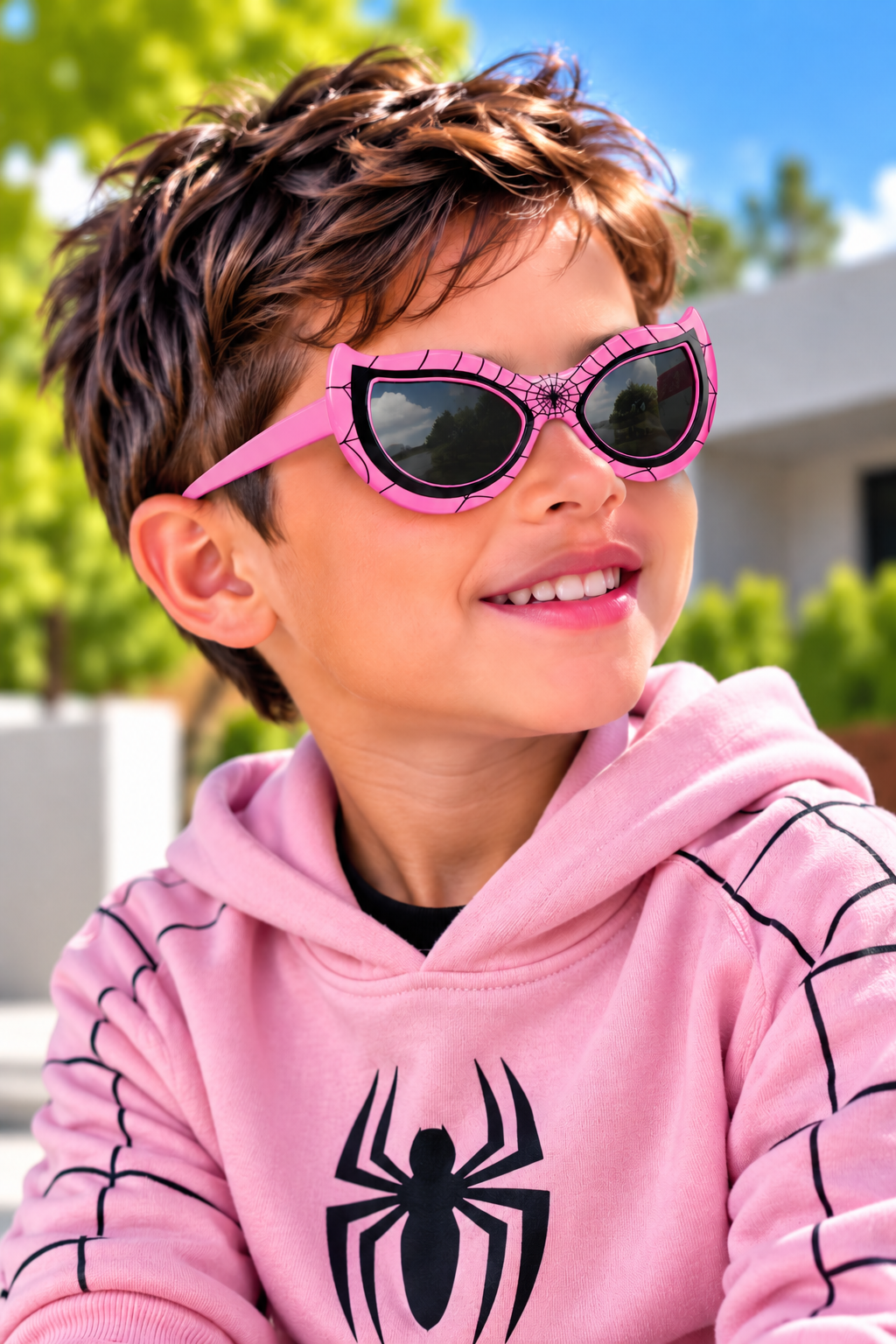 A smiling child wearing pink spider-themed sunglasses with black lenses and a pink hoodie with a black spider graphic, photographed outdoors with blurred greenery and a house in the background.