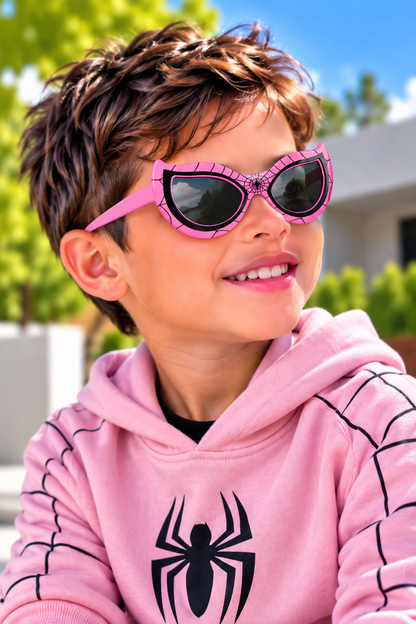 A smiling child wearing pink spider-themed sunglasses with black lenses and a pink hoodie with a black spider graphic, photographed outdoors with blurred greenery and a house in the background.