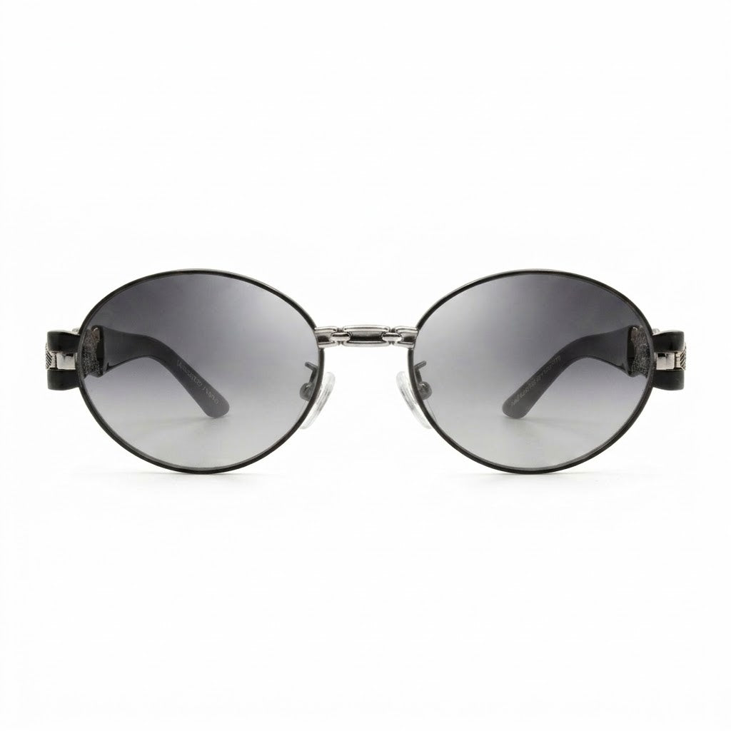 EVORA Luxe Chain Oval Sunglasses for Men & Women | Black & Silver Metal Frame | Silver Mirror UV400 Lens