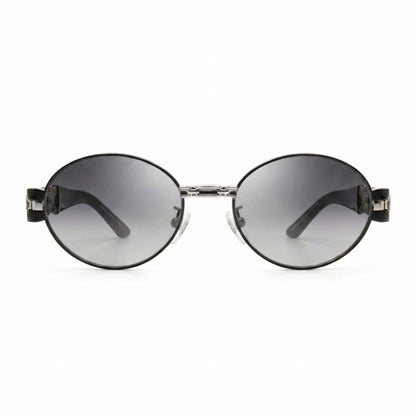 EVORA Luxe Chain Oval Sunglasses for Men & Women | Black & Silver Metal Frame | Silver Mirror UV400 Lens