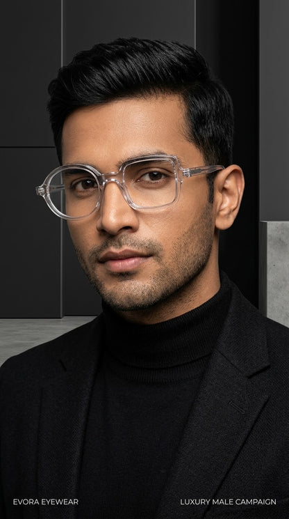 EVORA Asymmetry Premium Acetate Eyeglasses – Crystal Clear | Round & Square Frame | Unisex