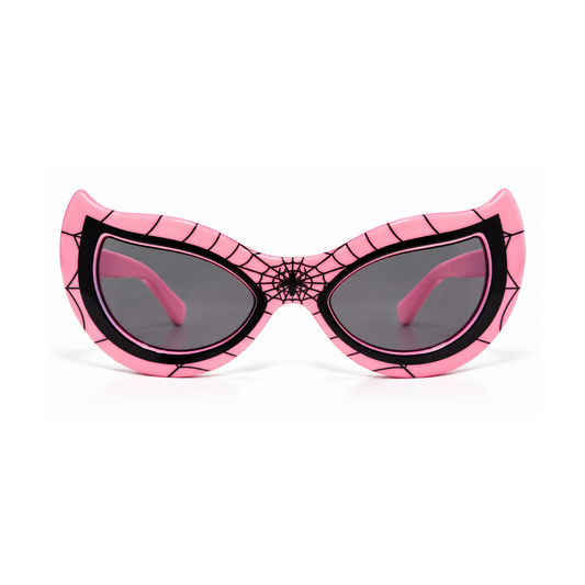 Pink cat-eye sunglasses with a black spiderweb pattern on the frame and dark gray lenses, shown against a plain white background.