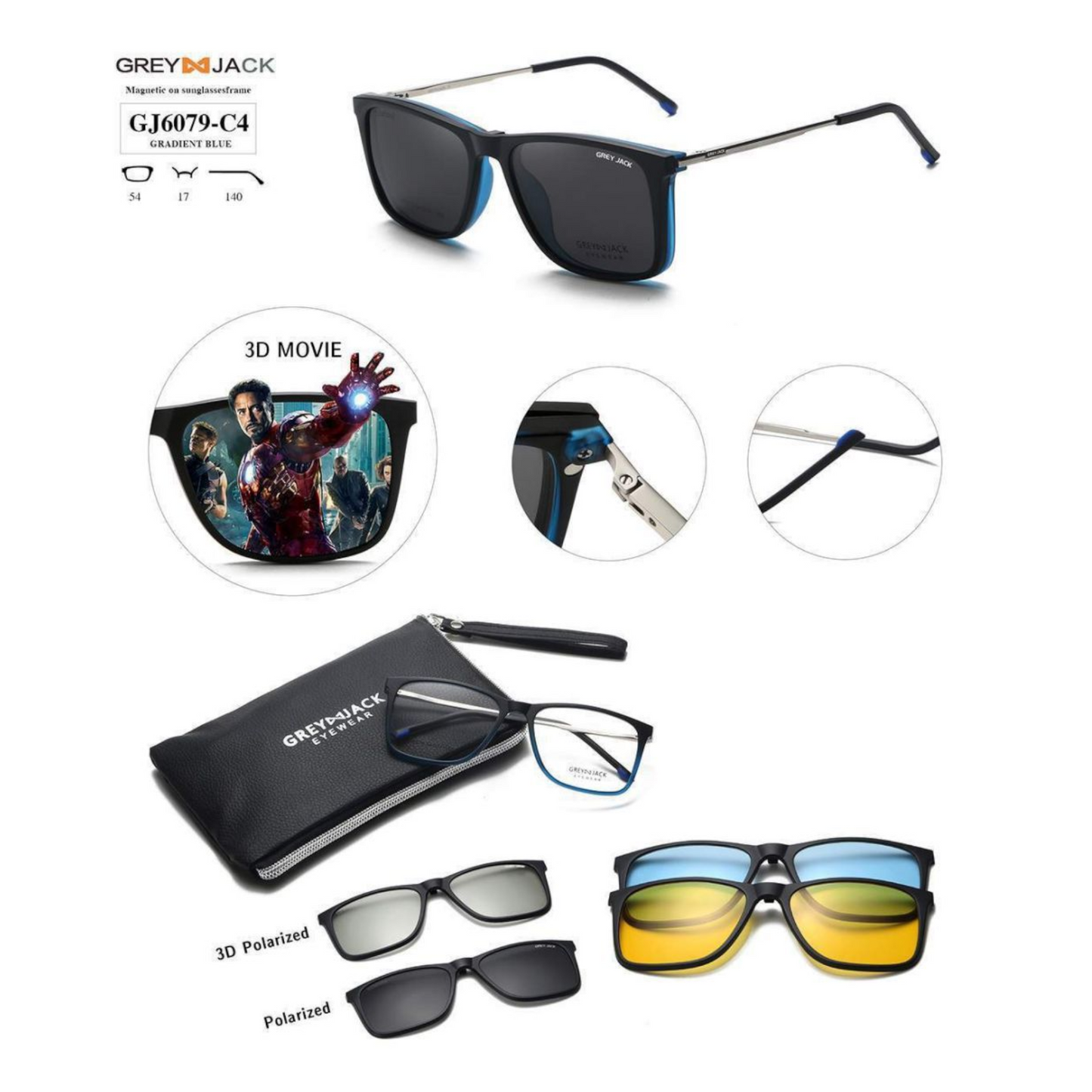 Grey Jack Clip-On Eyewear – 2-in-1 Magnetic Sunglasses | Polarized Lenses | TR90 Frame | GJ6079-C4 | Gradient Blue