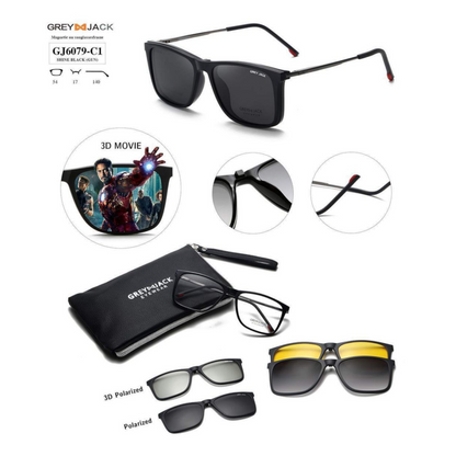 Grey Jack Clip-On Eyewear – 2-in-1 Magnetic Sunglasses | Polarized Lenses | TR90 Frame | GJ6079-C1 | Shine Black(Gun)