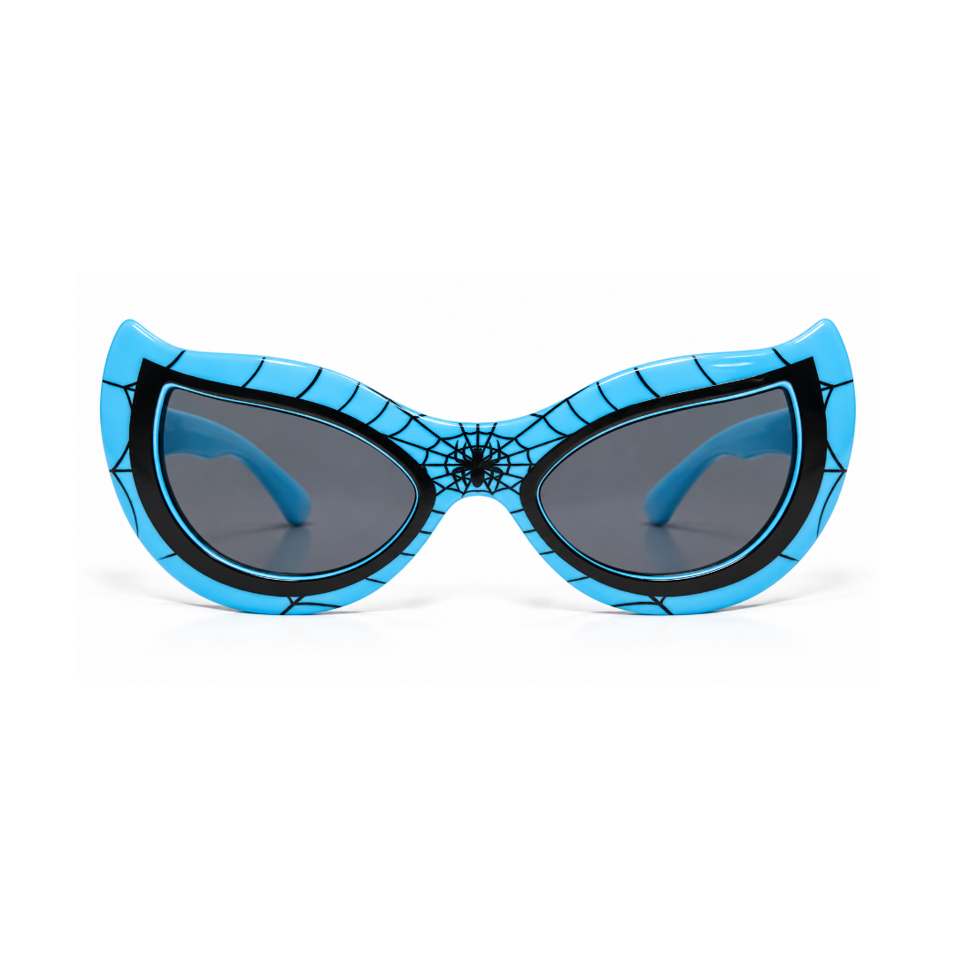 Blue and black cat-eye sunglasses with a spiderweb pattern and dark gray lenses, shown against a plain white background.