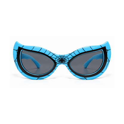 Blue and black cat-eye sunglasses with a spiderweb pattern and dark gray lenses, shown against a plain white background.