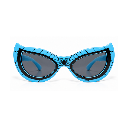 Blue and black cat-eye sunglasses with a spiderweb pattern and dark gray lenses, shown against a plain white background.