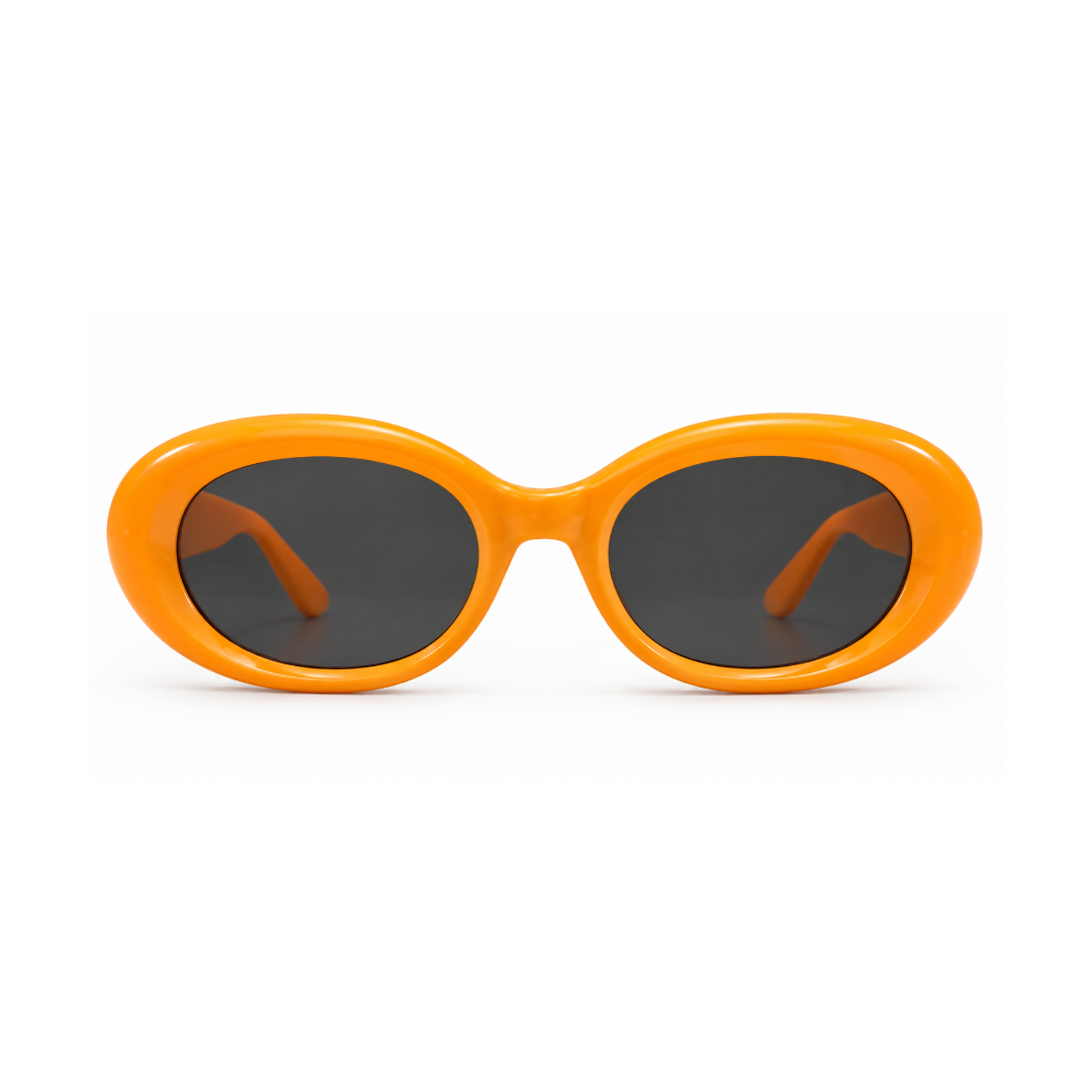 Oval sunglasses with a glossy bright orange frame and dark gray lenses, shown against a plain white background.