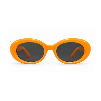 Oval sunglasses with a glossy bright orange frame and dark gray lenses, shown against a plain white background.