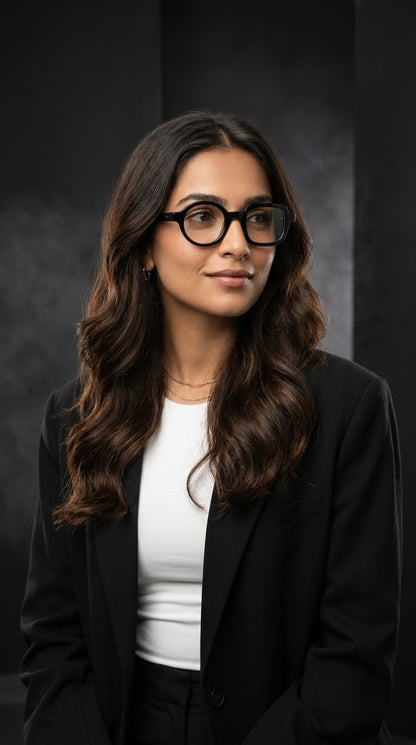 EVORA Asymmetry Premium Acetate Eyeglasses – Glossy Black | Round & Square Frame | Unisex