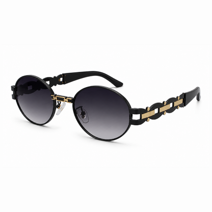 EVORA Luxe Chain Oval Sunglasses for Men & Women | Black & Gold Metal Frame | Smoke Gradient UV400 Lens