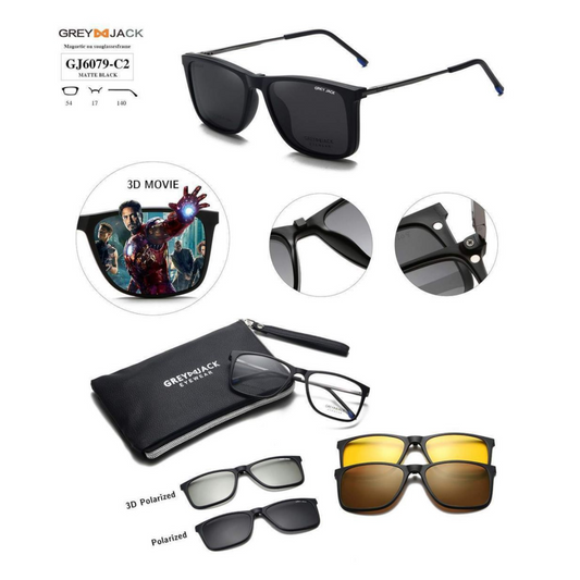 Grey Jack Clip-On Eyewear – 2-in-1 Magnetic Sunglasses | Polarized Lenses | TR90 Frame | GJ6079-C2 | Matte Black