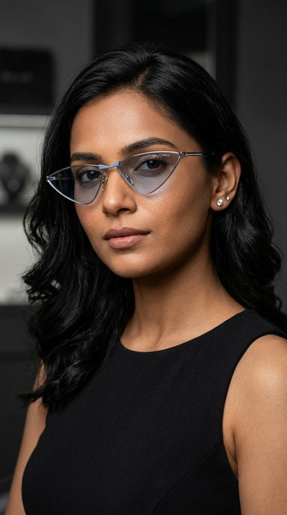 EVORA Azureé Premium Metal Cat-Eye Sunglasses – Silver Frame with Ice Blue Lenses | UV400 Protection