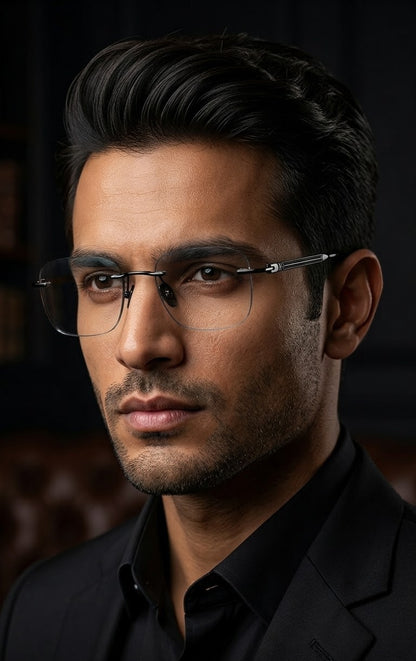 EVORA Elite Executive Rimless Square Eyeglass Frame – Premium Lightweight Metal | Black